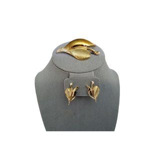 Vintage Coro Goldtone and Rhinestone Leaf Shaped Brooch and Clip on Earrings set